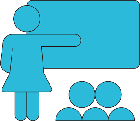 Cartoon drawing of character in front of blackboard